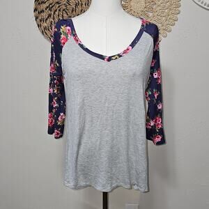 Brenda's Navy Blue Pink Floral Sleeve Gray Tee Womens L Coquette Girly Feminine